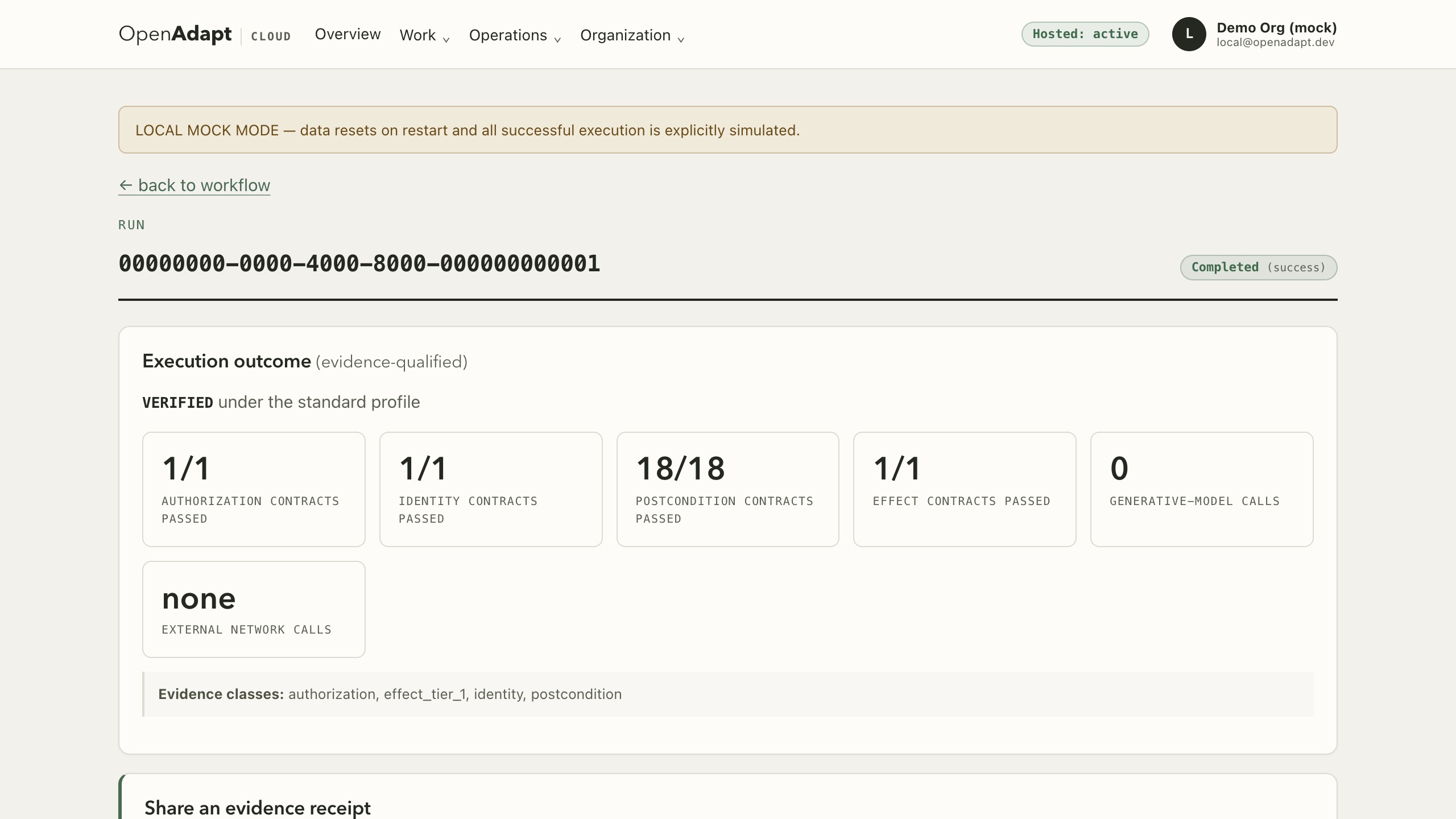 OpenAdapt Cloud run detail showing its evidence-qualified execution outcome and contract counts.