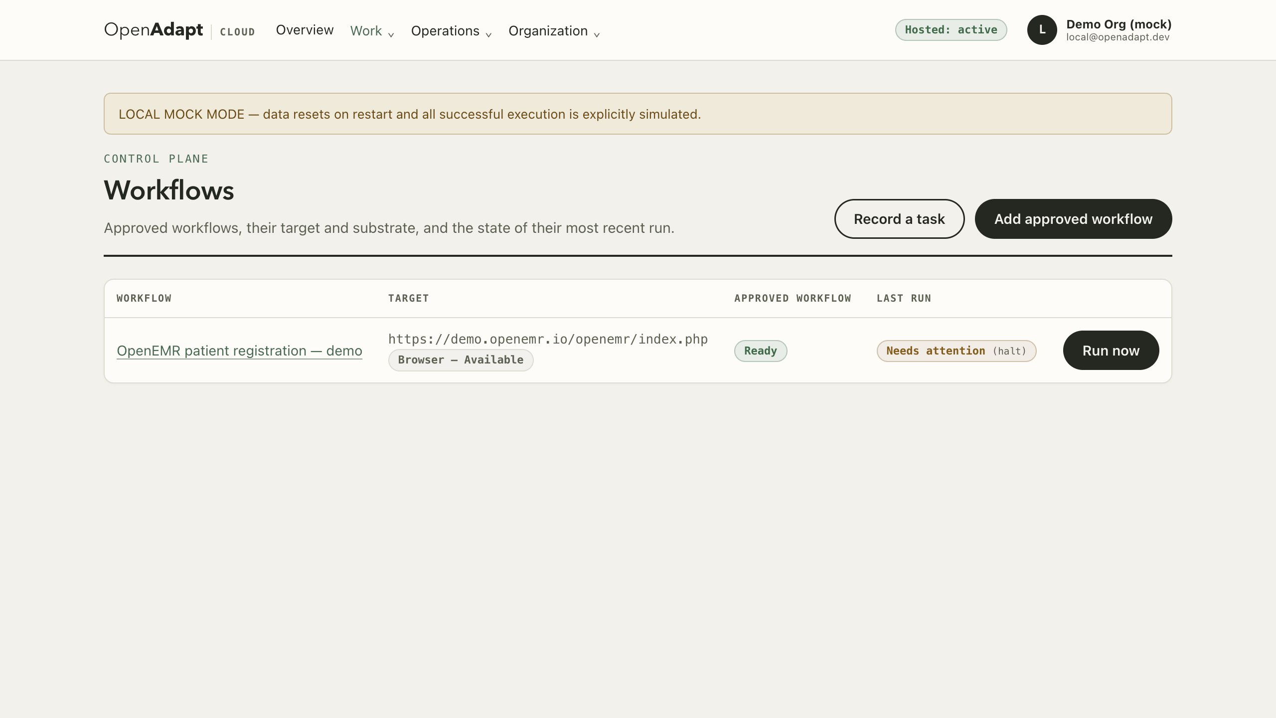 OpenAdapt Cloud workflow catalog for the synthetic OpenEMR fixture.