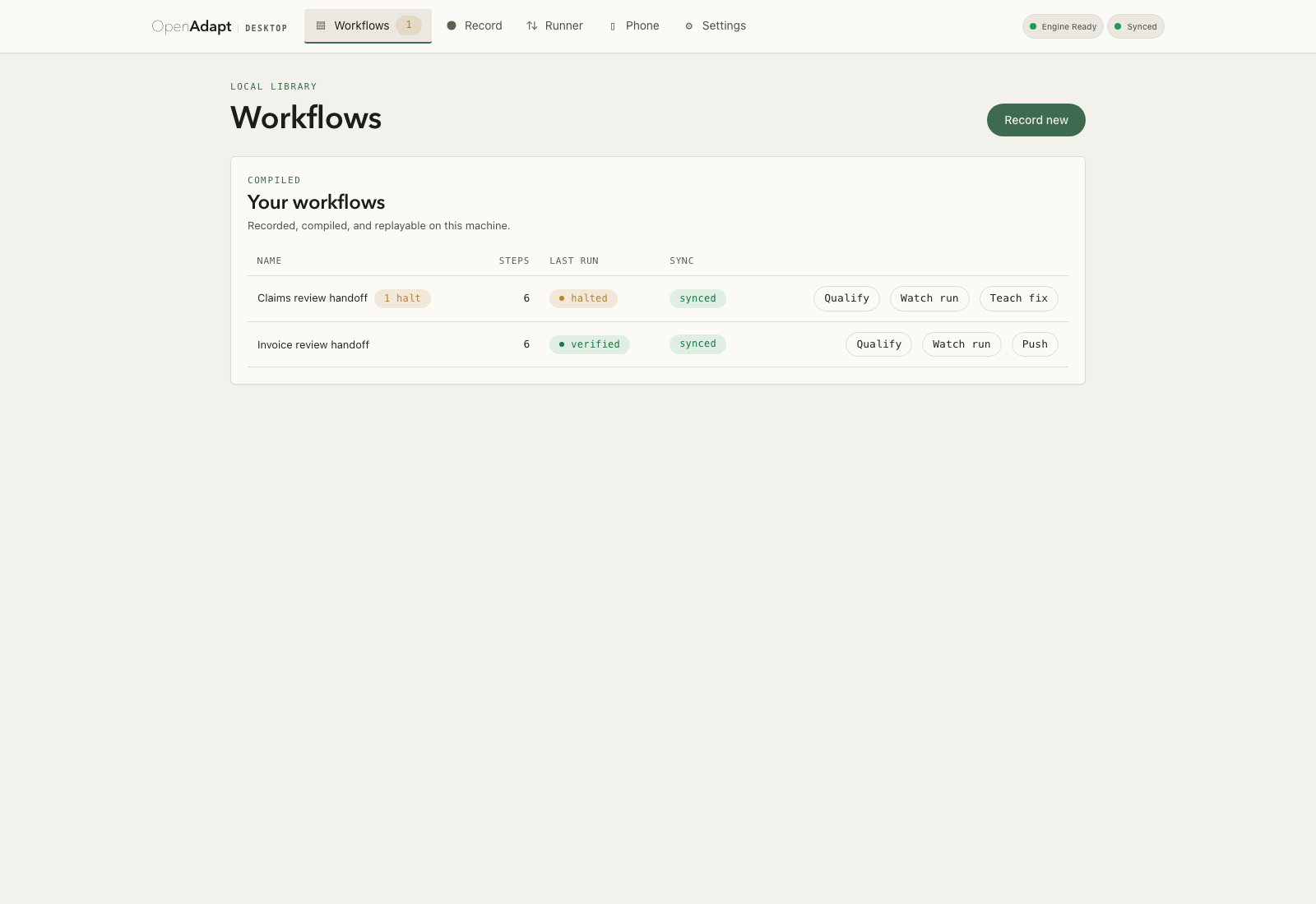 Synthetic OpenAdapt Desktop workflow library with one halted and one verified workflow, rendered from Desktop PR #93.
