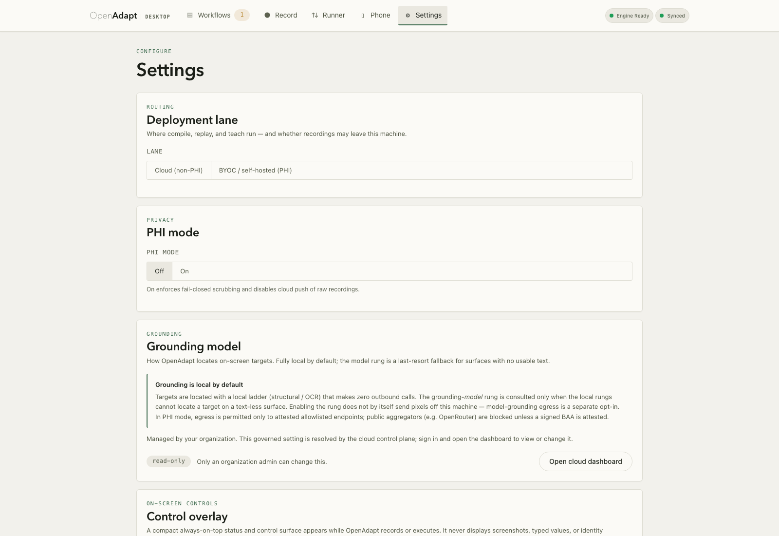 Synthetic Desktop settings showing the local and Cloud connection controls.